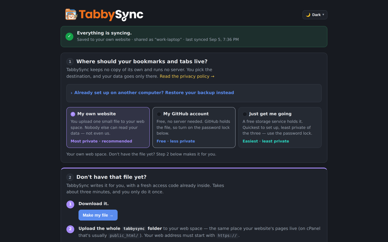 The same TabbySync options page in dark mode.