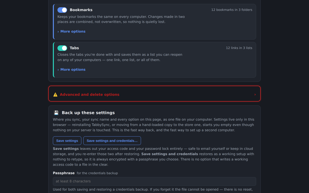 The same Bookmarks and Tabs option cards in dark mode.