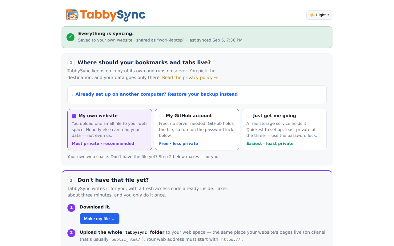 TabbySync options in light mode, showing the shared server and sync settings.