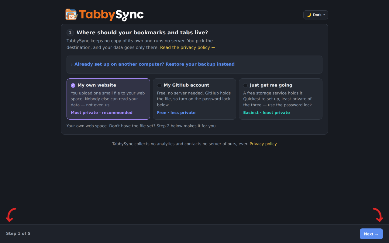 The same guided setup wizard in dark mode.